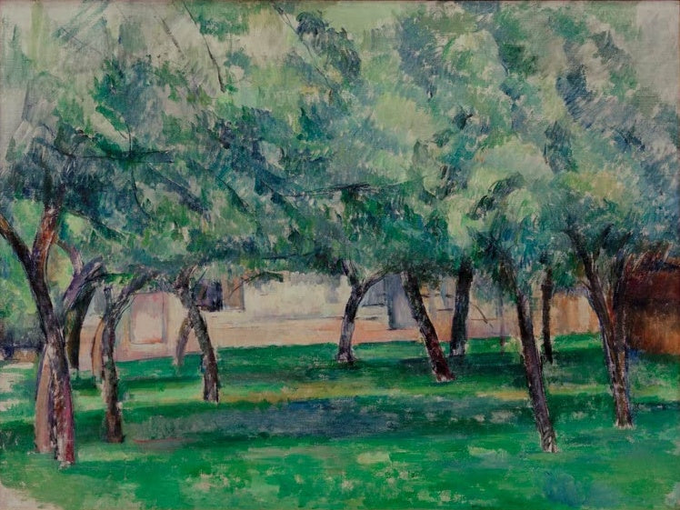 Obstgarten mit Bäumen auf grüner Wiese vor hellem Haus – Paul Cézanne Le clos normand Kunstkopie