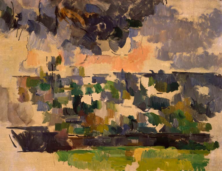 Aufgelöster Garten mit dunklen Bäumen vor orangem Himmel – Paul Cézanne Le Jardin de Lauves Kunstkopie