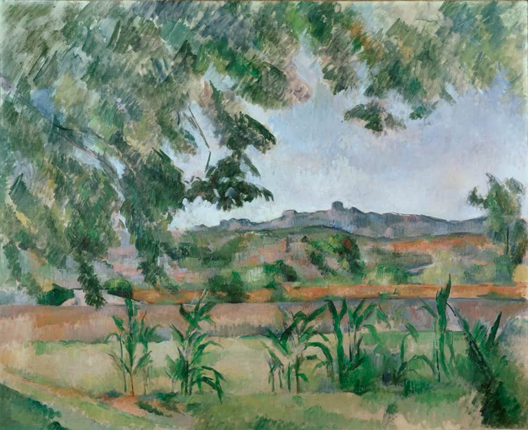 Weite Landschaft mit Laubwerk im Vordergrund und Bergzug am Horizont – Paul Cézanne Le Pilon du Roi Kunstkopie