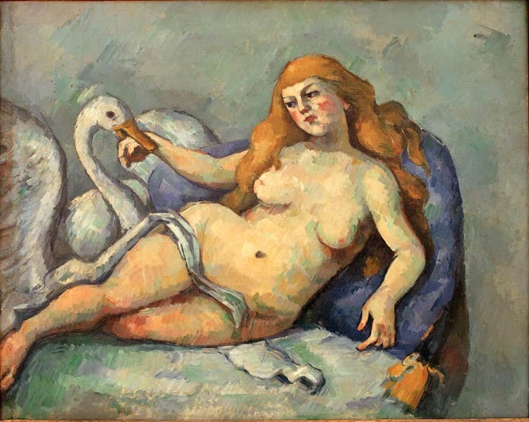 Nackte Frau mit rotem Haar liegt auf blauem Kissen neben einem Schwan – Paul Cézanne Leda au cygne Kunstkopie