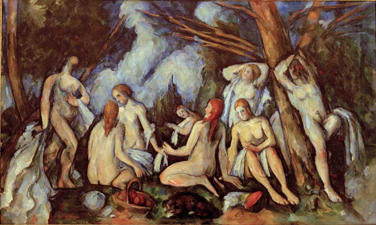 Gruppe nackter Frauen lagert unter Bäumen am Flussufer – Paul Cézanne Les grandes baigneues Kunstkopie