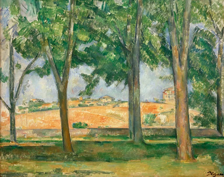 Hohe Kastanienbäume vor Feld mit goldenem Weizen – Paul Cézanne Les Marroniers du Jas de Bouffan Kunstkopie