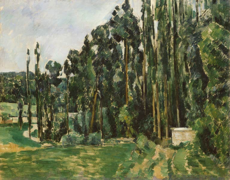 Hohe Pappeln an einem Feldweg mit Mauerstück – Paul Cézanne Les peupliers Kunstkopie
