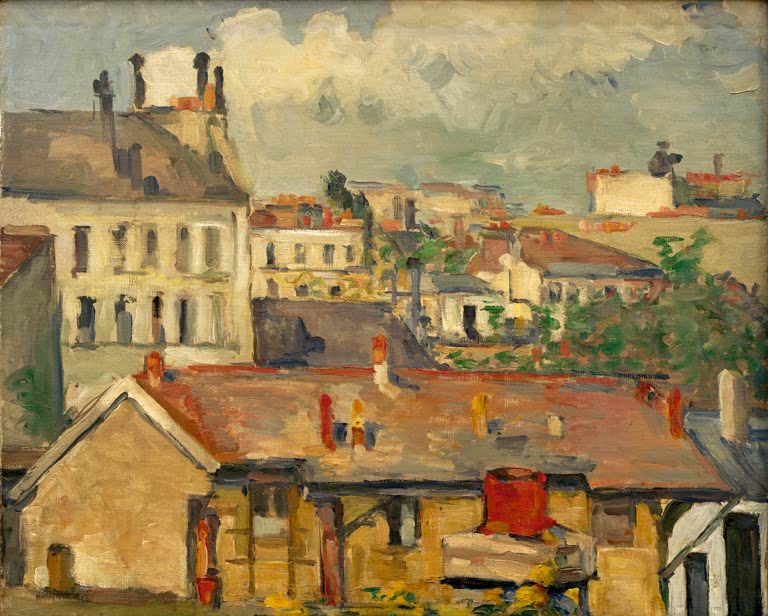 Hausdächer mit Schornsteinen unter bewölktem Himmel in warmen Ockertönen – Paul Cézanne Les toits Kunstkopie