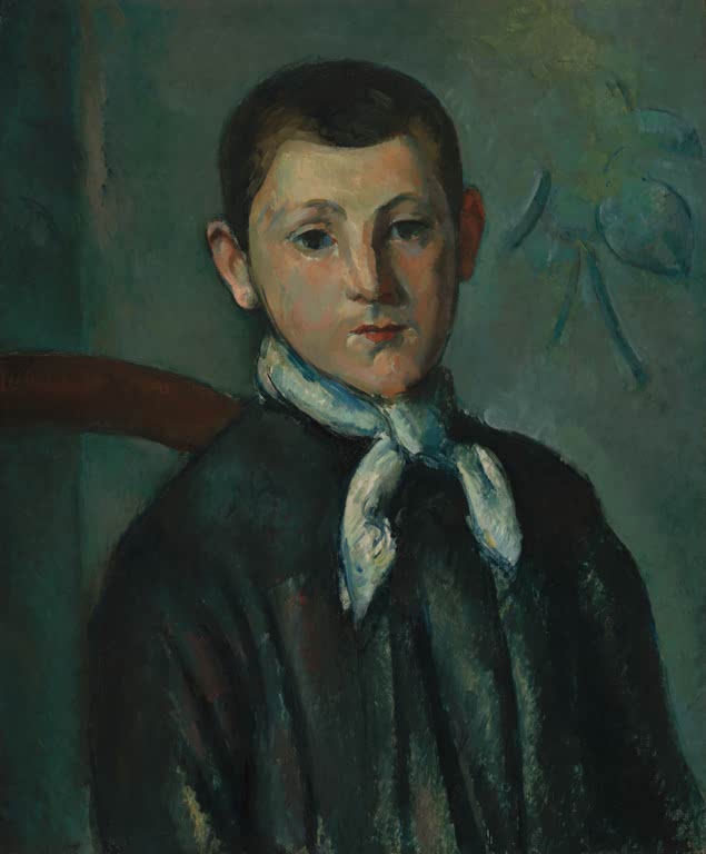 Junge mit weißem Halstuch und dunklem Mantel vor grünlichem Grund – Paul Cézanne Louis Guillaume Kunstkopie
