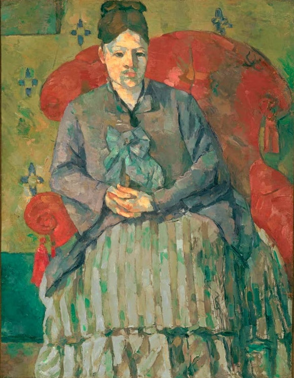Frau in gestreiftem Rock im roten Sessel – Paul Cézanne Madame Cézanne dans un fauteuil rouge Kunstkopie