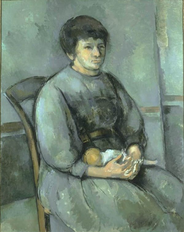 Paul Cézanne Mädchen mit Puppe Kunstkopie, sitzende Figur in blaugrauem Kleid hält eine Puppe im Schoß
