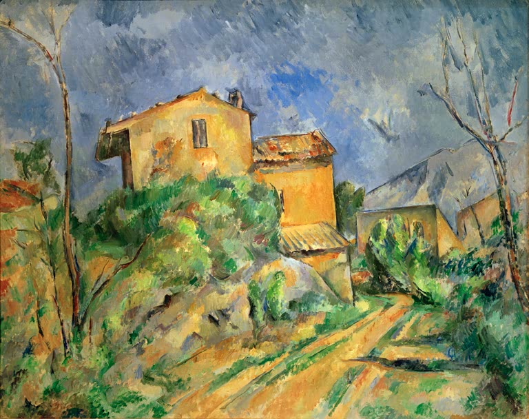 Gelbes Haus zwischen Felsen und Büschen an sonnigem Weg – Paul Cézanne Mariahaus Kunstkopie