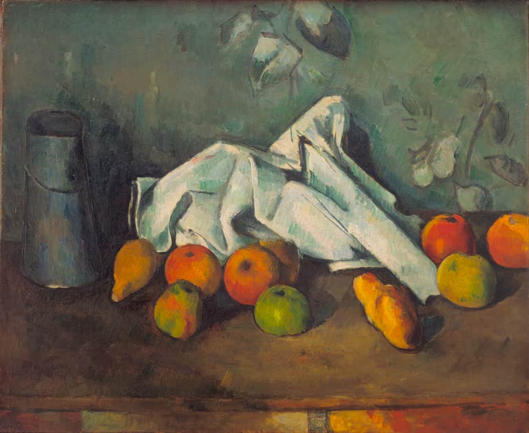 Weiße Serviette, Milchkanne, Äpfel und Birnen auf braunem Tisch – Paul Cézanne Milchkanne und Äpfel Kunstkopie