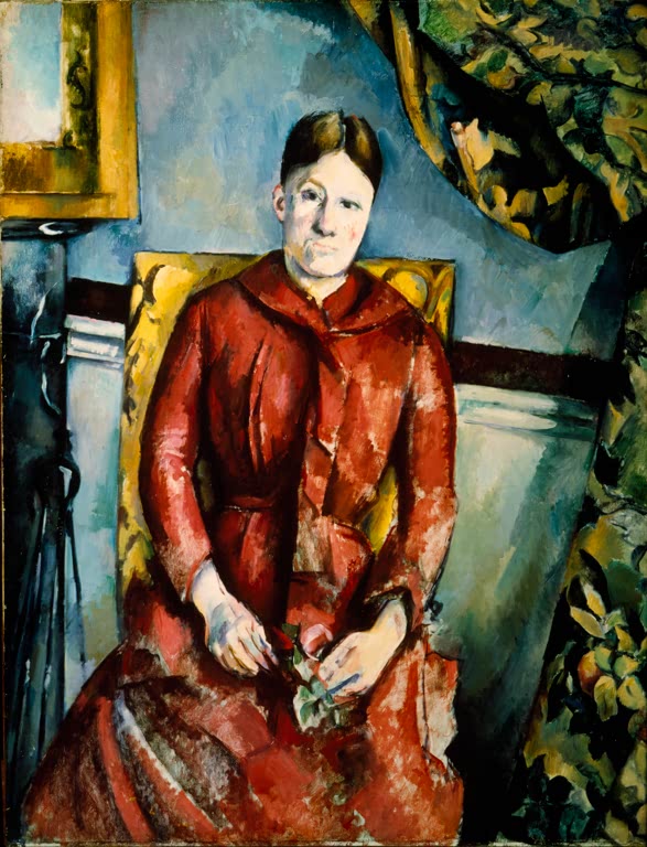 Frau in rotem Kleid im gelben Lehnstuhl vor gemustertem Vorhang – Paul Cézanne Mme Cézanne au fauteuil jaune Kunstkopie
