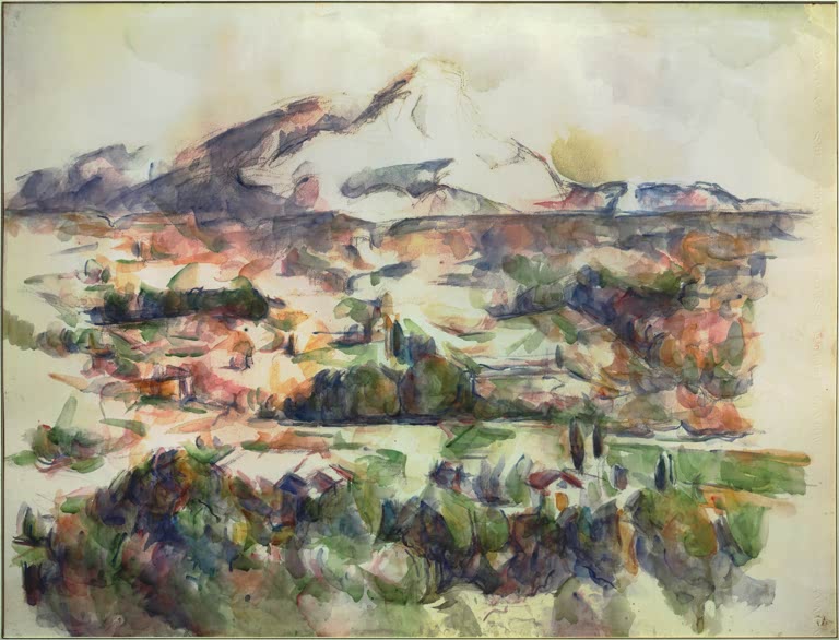 Aquarell eines Bergmassivs mit bunten Feldern und Bäumen davor – Paul Cézanne Montage Sainte-Victoire Kunstkopie
