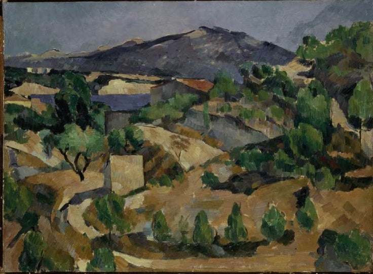 Bergkette über Hügeln mit Bäumen und Häusern in der Provence – Paul Cézanne Montagne en Provence Kunstkopie