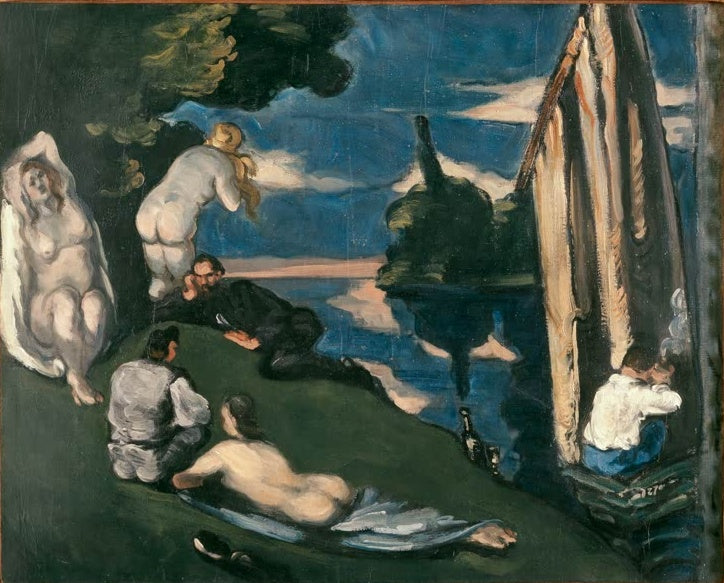 Paul Cézanne Pastorale Kunstkopie, nächtliche Uferszene mit ruhenden Figuren und Boot in dunklen Blau- und Grüntönen