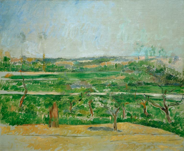 Grüne Terrassenfelder mit Olivenbäumen und weitem Himmel – Paul Cézanne Paysage à Aixen-Provence Kunstkopie