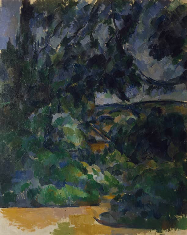 Dunkelgrüne Laubmassen und blaue Schatten mit gelbem Pfad – Paul Cézanne Paysage bleu Kunstkopie