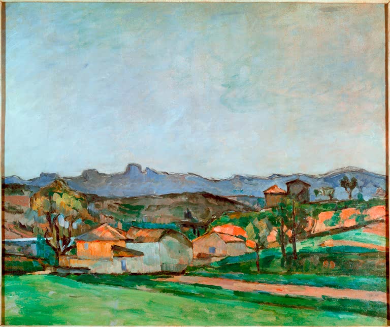 Provenzalische Landschaft mit Häusern, grünen Feldern und blauen Bergen – Paul Cézanne Paysage provençale Kunstkopie