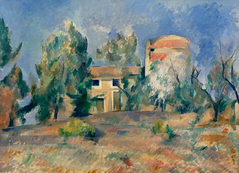 Hellgelbes Landhaus mit rotem Taubenturm zwischen Bäumen unter blauem Himmel – Paul Cézanne Pigeonnier de Bellevue Kunstkopie