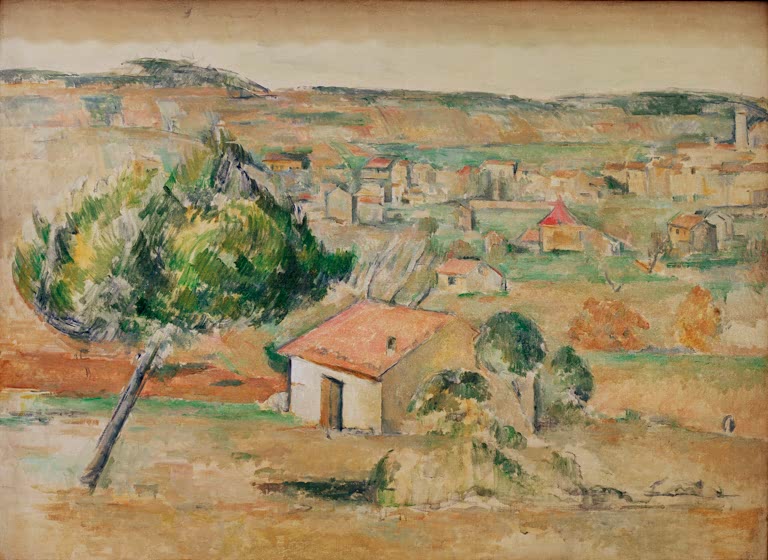 Weite Hügellandschaft mit Pinie und Haus mit rotem Dach über einer Ortschaft – Paul Cézanne Plaine provençale Kunstkopie
