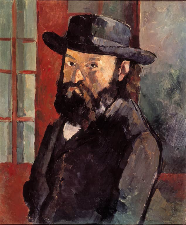 Bärtiger Mann mit dunklem Hut vor rotem Fensterrahmen – Paul Cézanne Portrait de Cézanne au chapeau de feutre Kunstkopie