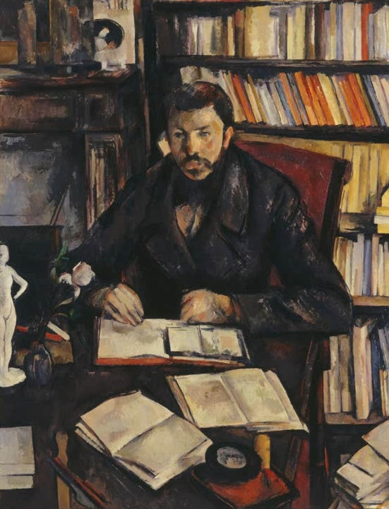 Mann am Schreibtisch vor Bücherregal mit rotem Sessel – Paul Cézanne Portrait de Gustave Geffroy Kunstkopie