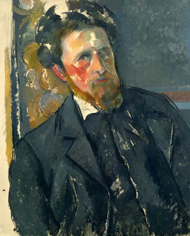 Junger Mann in dunklem Jackett vor gemustertem Grund – Paul Cézanne Portrait de Joachim Gasquet Kunstkopie