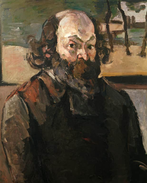 Bärtiger Mann mit Glatze in dunkler Weste vor hellem Hintergrund – Paul Cézanne Selbstbildnis Kunstkopie