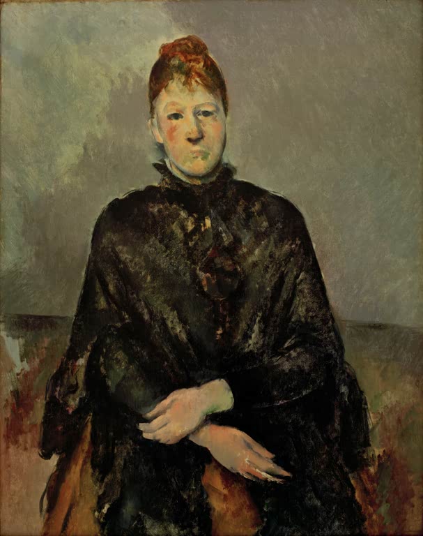 Sitzende Frau in dunklem Schultertuch mit verschränkten Armen – Paul Cézanne Portrait de Madame Cézanne Kunstkopie