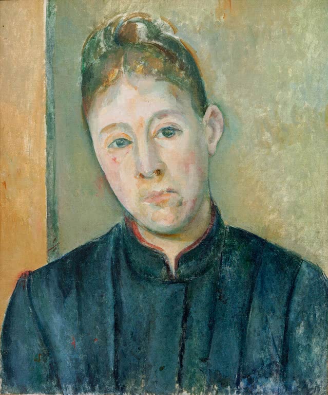 Brustbild einer Frau mit hochgestecktem Haar in dunkelblauer Jacke – Paul Cézanne Portrait de Madame Cézanne Kunstkopie