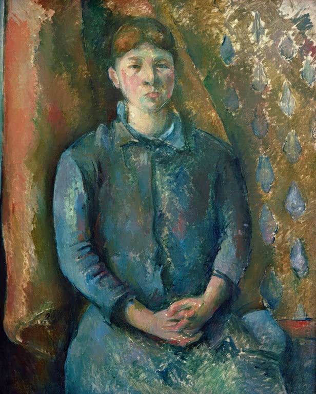 Frau in blauem Kleid mit gefalteten Händen vor gemustertem Vorhang – Paul Cézanne Portrait de Madame Cézanne Kunstkopie