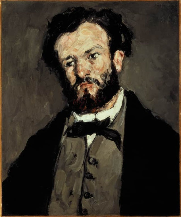 Bärtiger Mann mit Fliege und dunklem Jackett vor dunklem Hintergrund – Paul Cézanne Portrait de Valabregue Kunstkopie