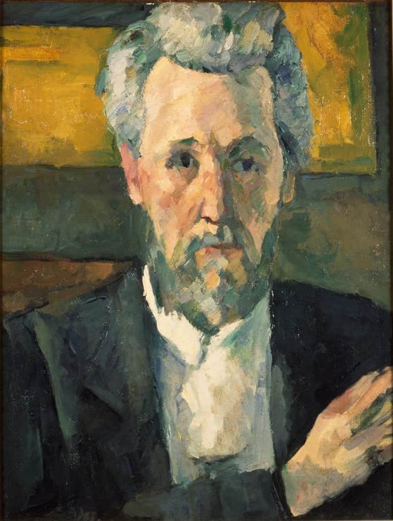 Älterer Mann mit grauem Haar und Bart in dunklem Jackett vor Ockergrund – Paul Cézanne Portrait Victor Chocquet Kunstkopie