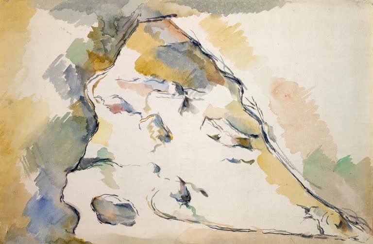 Aquarell eines hellen Felsblocks mit dunklen Konturen in Ocker und Blau – Paul Cézanne Rochers er Caverne Kunstkopie
