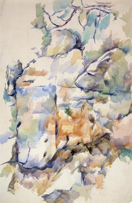 Aquarell heller Felsformationen mit Baumstämmen in zarten Farben – Paul Cézanne Rochers près des grottes Kunstkopie