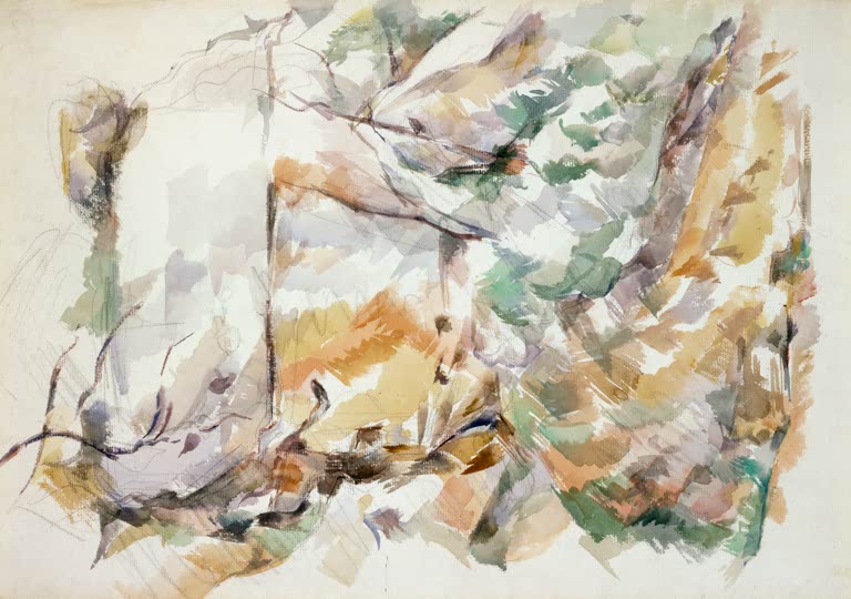 Aquarell von Felsen und Gehölz in Orange, Grün und Violett – Paul Cézanne Rochers près des grottes Kunstkopie