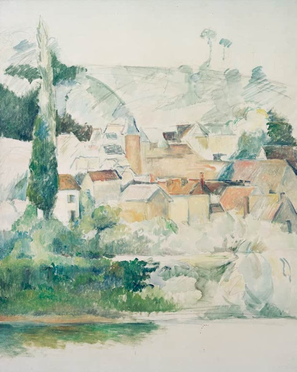 Paul Cézanne Schloss und Dorf Médan Kunstkopie, Dorfansicht mit Zypresse und Turm im diesigen Licht über der Seine