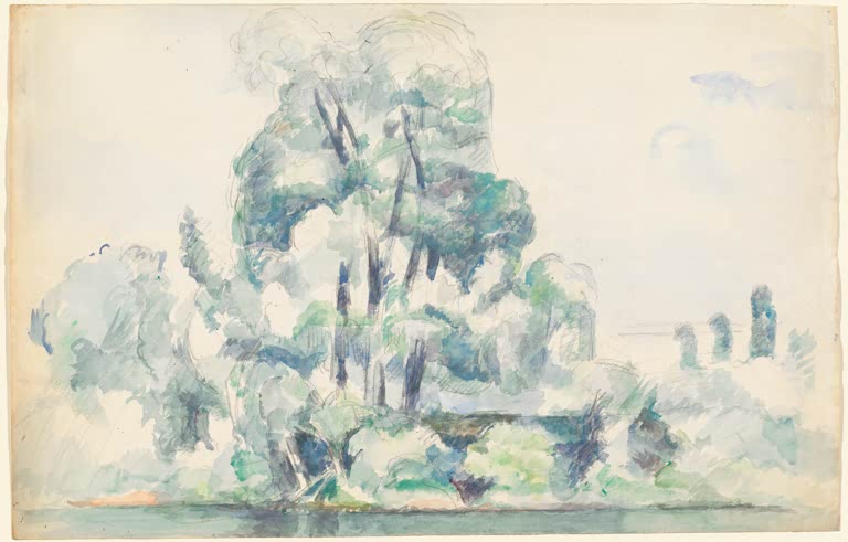 Aquarell mit Bäumen am Seineufer in zarten Grün- und Blautönen – Paul Cézanne Seine-Ufer bei Médan Kunstkopie