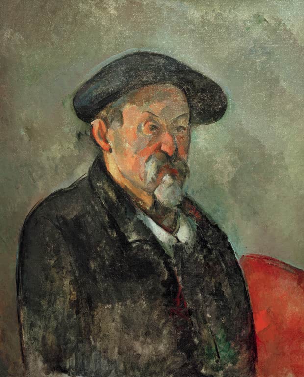 Älterer Mann mit Baskenmütze und grauem Bart vor grünlichem Grund – Paul Cézanne Selbstbildnis mit Baskenmütze Kunstkopie