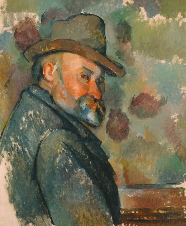 Älterer Mann mit Filzhut im Profil nach links vor Blumentapete – Paul Cézanne Selbstbildnis mit Filzhut Kunstkopie