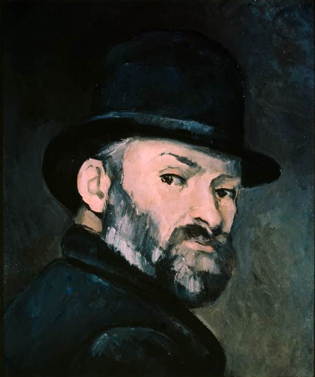 Paul Cézanne Selbstbildnis mit Melone Kunstkopie, bärtiger Mann mit dunklem Hut und Blick über die Schulter