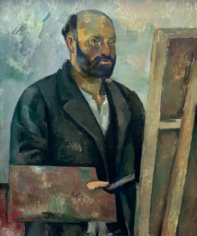 Maler in dunklem Mantel mit Palette und Pinsel vor einer Staffelei – Paul Cézanne Selbstbildnis mit Palette Kunstkopie