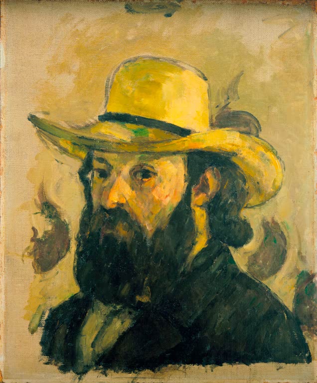 Bärtiger Mann mit gelbem Strohhut vor goldgelbem Grund – Paul Cézanne Selbstbildnis mit Strohhut Kunstkopie