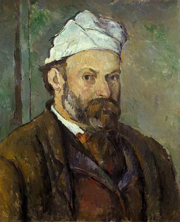 Mann mit weißer Mütze und Bart im braunen Rock vor grünlichem Grund – Paul Cézanne Selbstbildnis mit weißer Mütze Kunstkopie