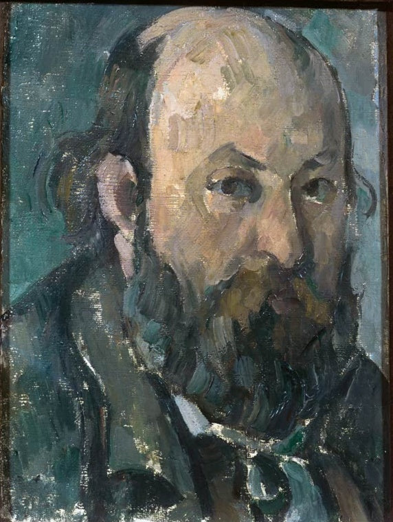 Männerporträt mit Glatze und vollem Bart in dunklem Mantel – Paul Cézanne Selbstbildnis Kunstkopie