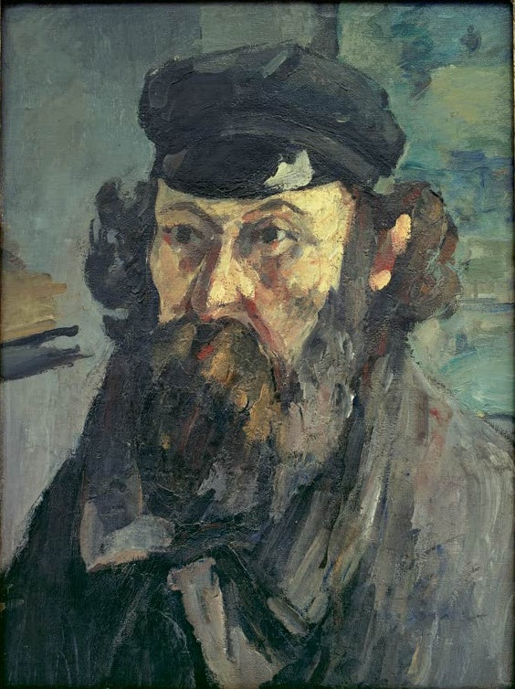 Bärtiger Mann mit dunkler Schirmmütze und grauem Mantel – Paul Cézanne Selbstporträt mit Mütze Kunstkopie