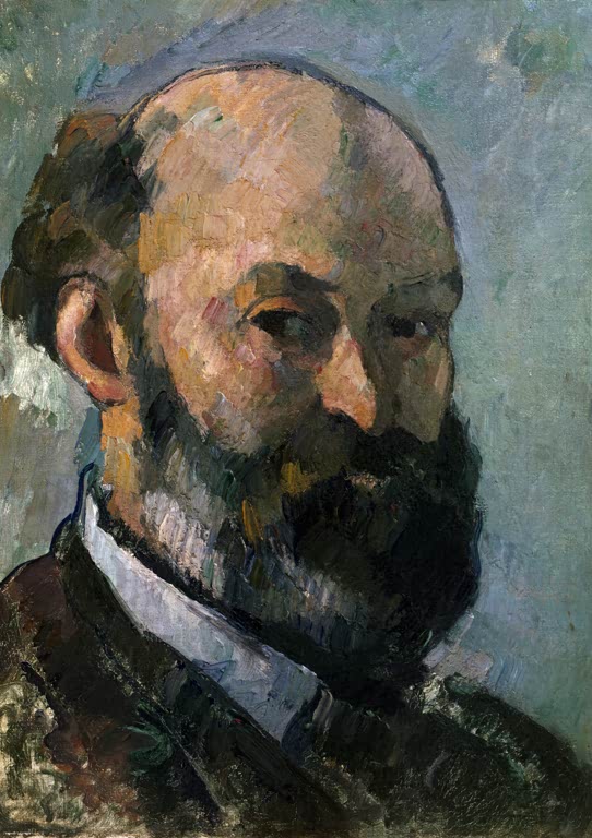 Kahlköpfiger Mann mit dunklem Vollbart im Dreiviertelprofil vor blauem Grund – Paul Cézanne Selbstporträt Kunstkopie
