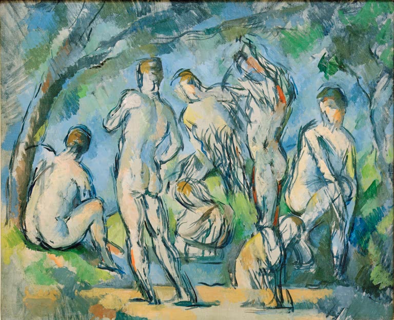 Sieben nackte Männer stehen und hocken vor hellblauem Himmel zwischen Bäumen – Paul Cézanne Sept baigneurs Kunstkopie