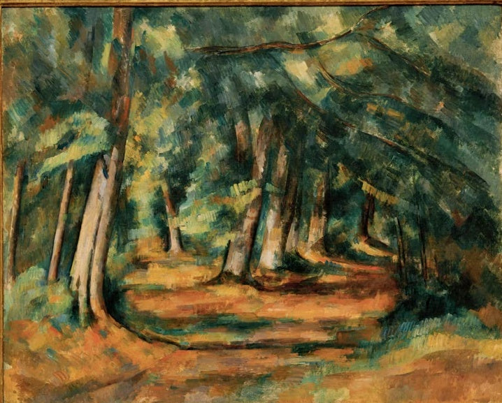 Waldweg unter hohen Bäumen in Grün-, Gelb- und Orangetönen – Paul Cézanne Sousbois Kunstkopie