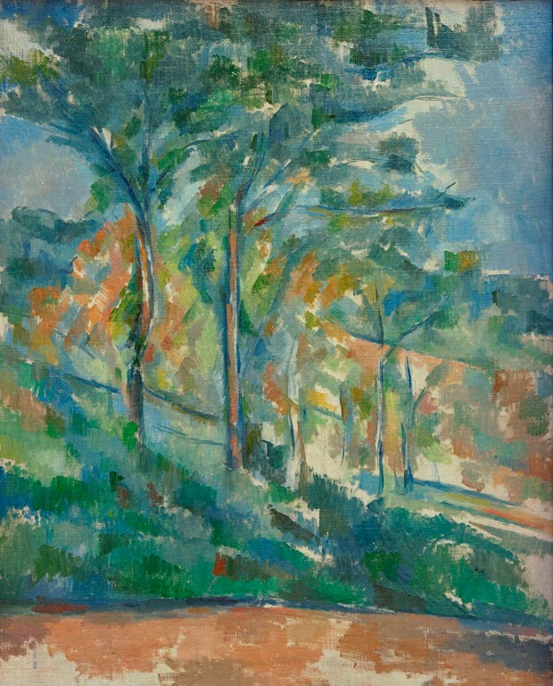 Schlanke Bäume im Wald in Grün- und Blautönen mit Waldweg – Paul Cézanne Sousbois Kunstkopie