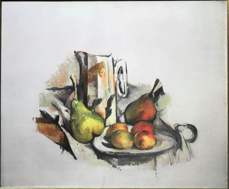 Unvollendetes Stillleben mit Birnen und Pfirsichen auf Schale – Paul Cézanne Stillleben mit Früchten Kunstkopie