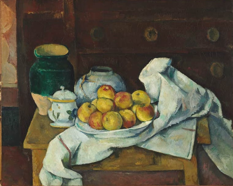 Paul Cézanne Stillleben mit Kommode Kunstkopie, Äpfel auf Teller, Zuckerdose, grüne Vase und weißes Tuch vor dunkler Kommode